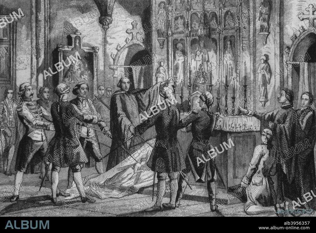 URRABIETA V. and NICOLAU J. BARTOMEU. JURAMENTO CAPITANES ANTE LA BANDERA STA.EULALIA. GRABADO. 1713.