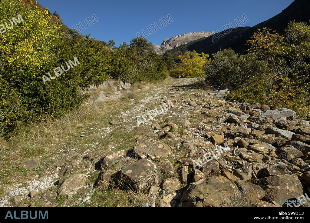 Roman road, Boca del Infierno route, Valley of Hecho, western valleys, Pyrenean mountain range, province of Huesca, Aragon, Spain, europe.