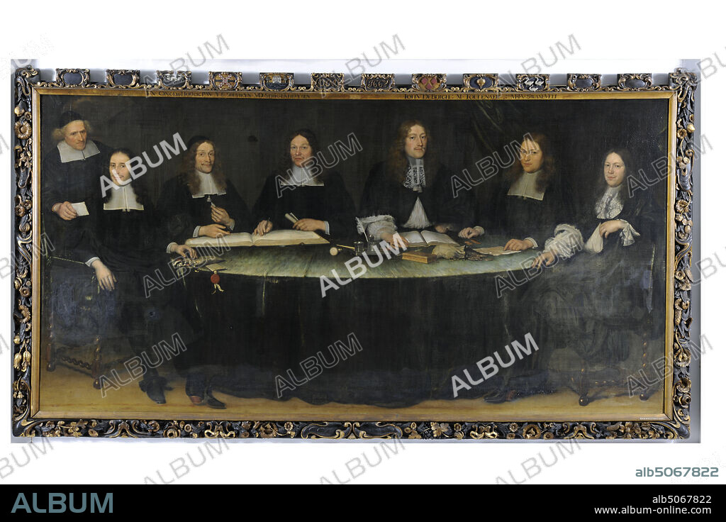 painting, Pieter Leermans (Attributed to), 1667, canvas, oil paint, painted, With frame: 412 x 219 x 9cm (4120 x 2190 x 90mm), chair, man's portrait, regent piece, interior, table, Group portrait of six regents of the St Elisabeth guest house seated at a table. There is a man on the left behind, a servant. In original wooden carved and gilded frame with on top the arms and names of the regents and the year in 1667. On the left, right and bottom the frame is decorated with curly motifs and with flowers and leaves. Not signed, 1867.