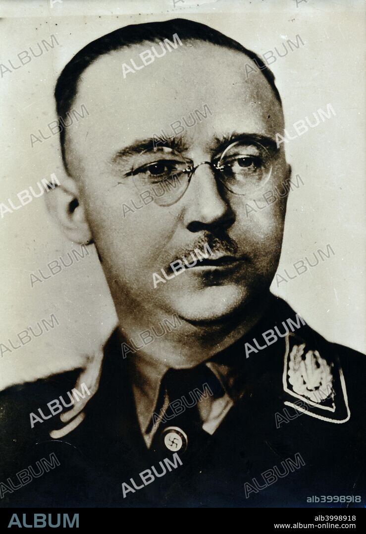 Heinrich Himmler, Reichsführer of the SS, c1930s-c1940s. Himmler (1900-1945) took part in Adolf Hitler's Beer Hall Putsch in Munich in 1923. He joined the SS in 1925, becoming its leader, or Reichsführer, in 1929. He went on to become one of the most powerful figures in the Nazi Party and was responsible for overseeing the organisation and administration of the Holocaust. In late April 1945 as the Second World War neared its end in Europe, Himmler went behind Hitler's back in an attempt to open negotiations with the Western Allies. When Hitler disovered this he stripped Himmler of all his offices and ordered his arrest. He tried to evade capture by disguising himself after the War ended, but was captured by the British on 22 May 1945. The following day, before he could be interrogated, Himmler committed suicide by biting a potassium cyanide capsule.