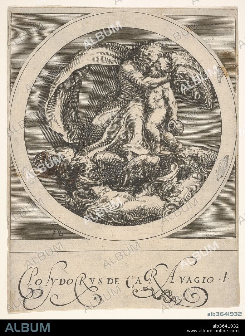 Jupiter, seated above two eagles and embracing Cupid, a round composition from a series of mythological scenes after Polidoro da Caravaggio. Artist: Cherubino Alberti (Zaccaria Mattia) (Italian, Borgo Sansepolcro 1553-1615 Rome); After Polidoro da Caravaggio (Italian, Caravaggio ca. 1499-ca. 1543 Messina). Dimensions: sheet: 7 3/4 x 5 7/8 in. (19.7 x 15 cm). Series/Portfolio: Mythological scenes after Polidoro da Caravaggio. Date: ca. 1590.