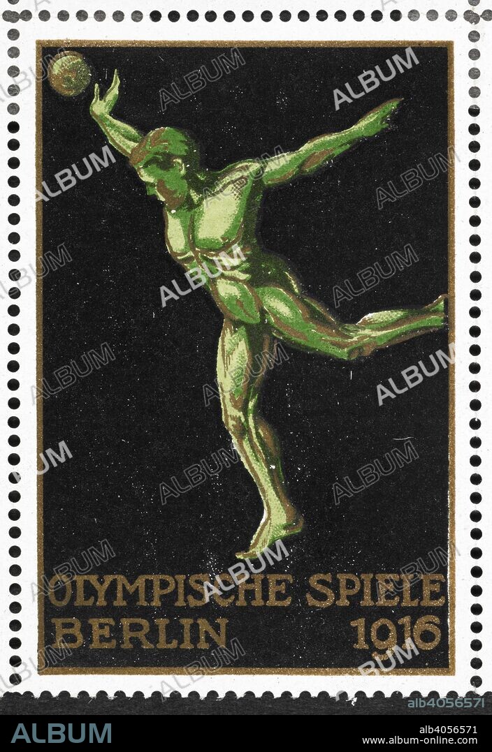 A shot putter. Germany 1916 Berlin Olympic Games poster stamp, unused  . (The Campbell Johnston Collection). 1916. Language: German.