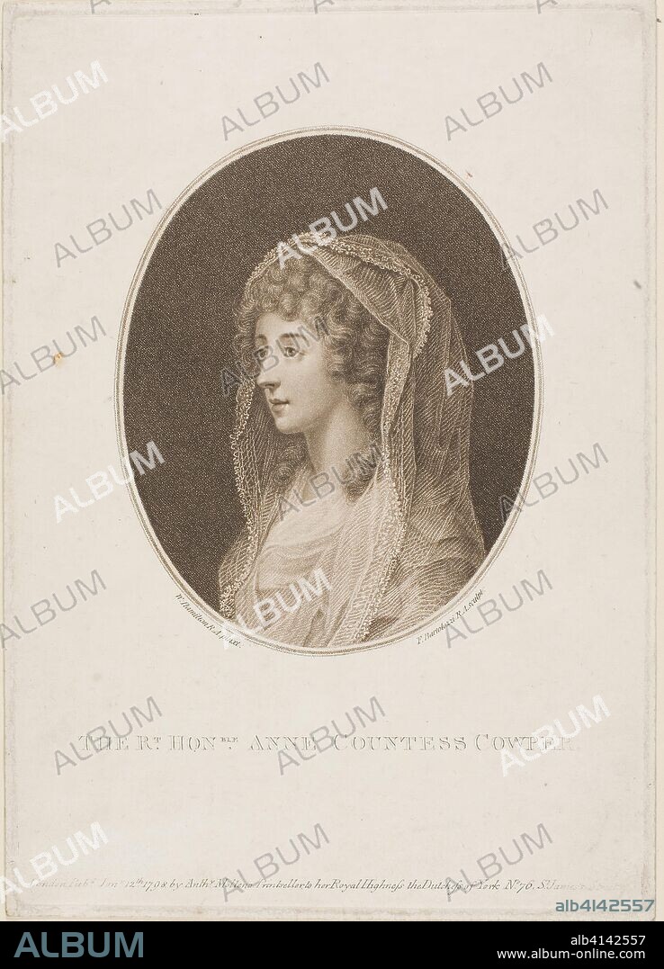 Anne Countess Cowper. Francesco Bartolozzi (Italian, 1727-1815); after William Hamilton (English, 1751-1801). Date: 1798. Dimensions: 265 x 185 mm (plate); 271 x 192 mm (sheet). Stipple engraving on paper. Origin: Italy.