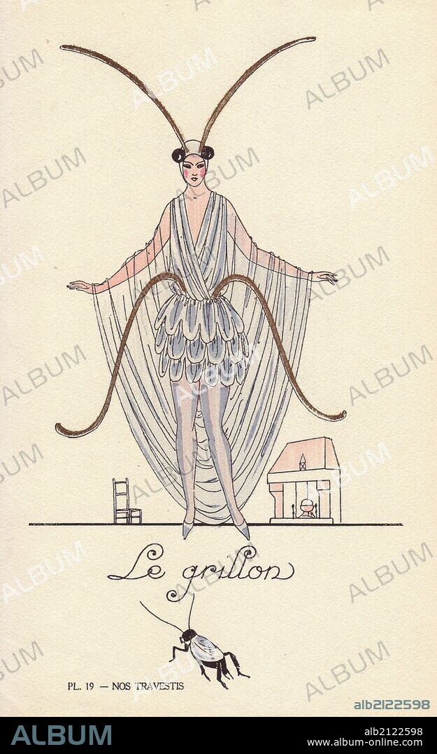 Woman in fancy dress costume as a cricket, le grillon, with grey mini dress and seethrough cape, long antennae and insect legs. Lithograph by unknown artist with pochoir stencil handcolouring from "Nos Travestis" (Our Fancy Dress Costumes), Paris, 1928.