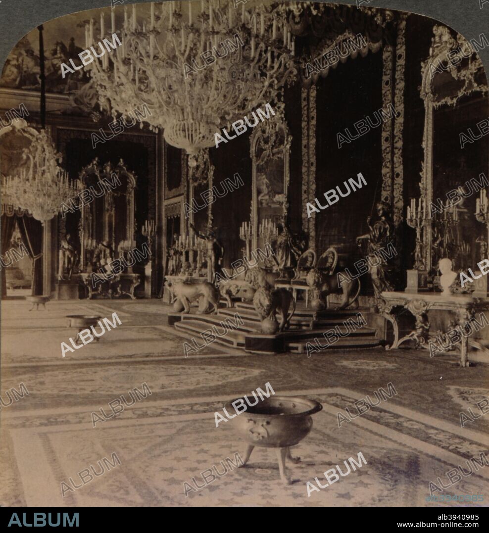 The gorgeously decorated Throne Room, Royal Palace, Madrid, Spain', 1902. The Palacio Real de Madrid is the official residence of the Spanish Royal Family in Madrid. From a stereoscope card produced by Works and Studios, 1902.