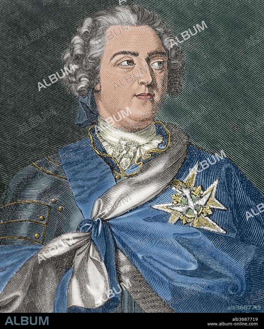 Luis XV (Versalles, 1710-Versalles, 1774). Rey de Francia y de Navarra (1715-1774), bisnieto de Luis XIV. Durante su minoría de edad desempeñó la regencia Felipe de Orleans (1715-1723). Grabado del siglo XIX. Coloreado.