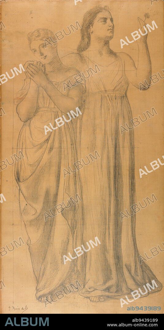 Study for Les Jeunes Filles et la Mort (Death and the Maidens), c. 1872, Pierre Puvis de Chavannes, French, 1824 - 1898, 31 3/8 x 16 3/8 in. (79.69 x 41.59 cm) (image), Graphite on linen, laid down on paper, wrapped around board, France, 19th century, This drawing depicts two figure studies for 'Les Jeunes Filles et la Mort (The Young Maidens and Death),' a painting rejected from the Salon of 1872. In the painting, two groups of girls, one pair dancing in th background, the other standing pensively in the foreground, seem to be ignorant of the grim reaper lurking on the left side of the composition. The recent Franco-Prussian War inspired many late 19th century French painters to examine themes about the transience of life.