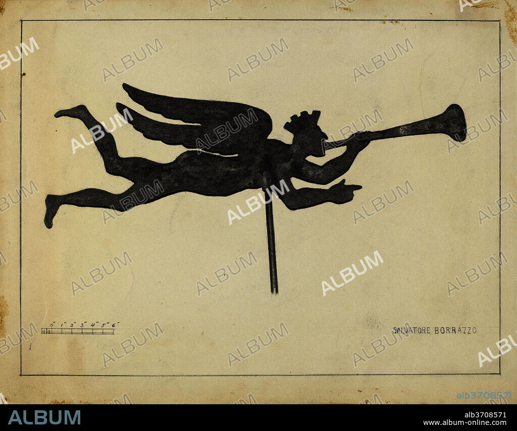 SALVATORE BORRAZZO. Weather Vane - Angel Gabriel. Dated: c. 1939. Dimensions: overall: 29.2 x 22.8 cm (11 1/2 x 9 in.)  Original IAD Object: 41" long. Medium: graphite on paper.