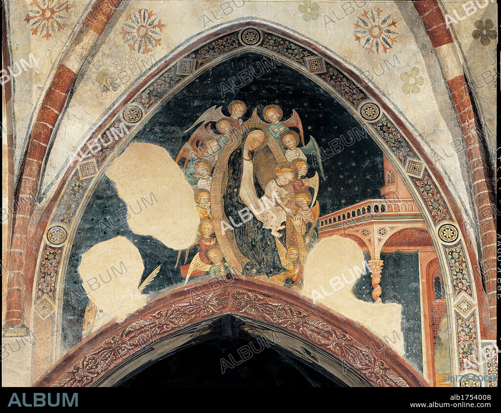 Mystical Marriage of St Catherine of Alexandria, by Giovannino de' Grassi, 14th Century, fresco. Italy; Lombardy; Lodi; San Francesco church; . All. Mystical Marriage of St Catherine of Alexandria red blue arch.