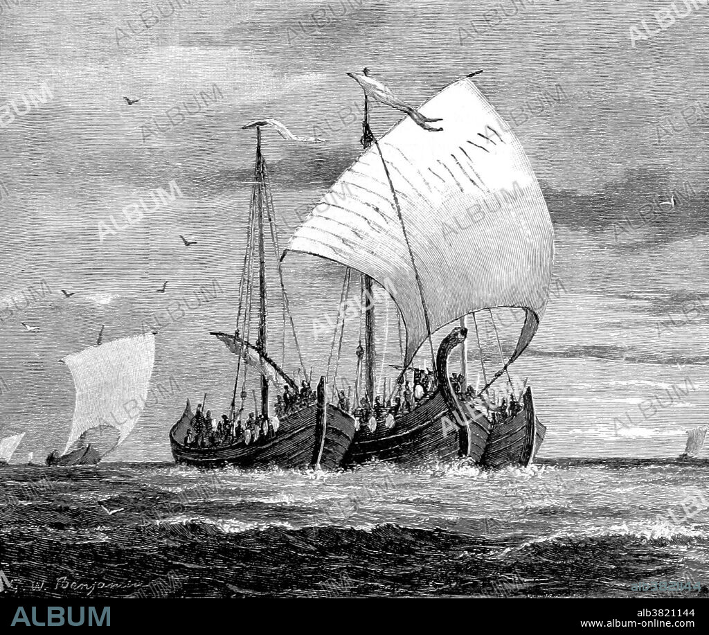 Vikings were Norse seafarers, speaking the Old Norse language, who from their homelands in Scandinavia raided, traded, explored, and settled in wide areas of Europe, Asia, and the North Atlantic islands from the late 8th to the middle 11th centuries. The Vikings employed wooden longships with wide, shallow-draft hulls, allowing navigation in rough seas or in shallow river waters. The ships could be landed on beaches, and their light weight enabled them to be hauled over portages. These versatile ships allowed the Vikings to settle and travel as far east as Constantinople and the Volga River in Russia, as far west as Iceland, Greenland, and Newfoundland, and as far south as Nekor. This period of Viking expansion, known as the Viking Age, constitutes an important element of the medieval history of Scandinavia, Great Britain, Ireland, France, Sicily, Russia, and the rest of Europe. The Viking Age began in 793 with the attack on Lindisfarne and for the next quarter-millennium the Vikings ruled the North Sea. In their superior longships, they raided, traded, and established colonies and outposts on the Sea's coasts. Image taken from page 21 of "The Viking Bodleys; An Excursion into Norway and Denmark" with illustrations, by Horace Elisha Scudder, 1885.