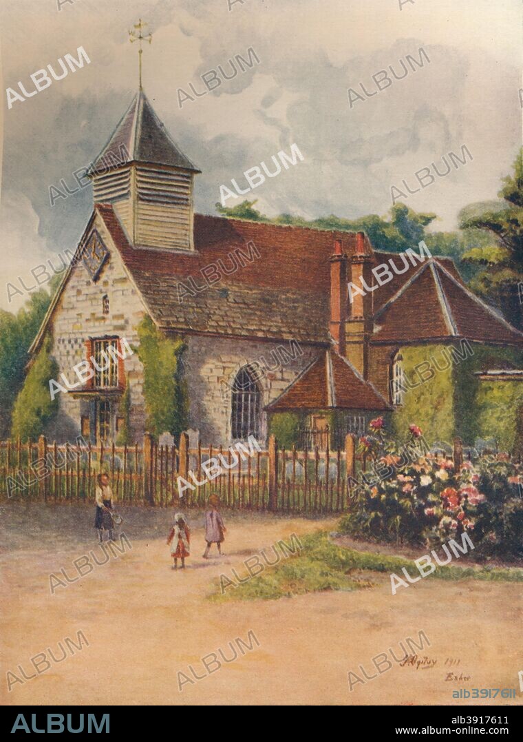 'St. George's Church, Esher', 1911, (1914). St. George?s Church, Esher is a Grade I listed Anglican church in Esher, Surrey, built in the 16th century, it was Esher?s parish church for 300 years, worshippers included Queen Victoria. However it was replaced by the larger Christ Church, built nearby on Esher Green in 1853. From A Pilgrimage In Surrey, Vol. 1, by James S. Ogilvy. [George Routledge & Sons Limited, London, 1914].