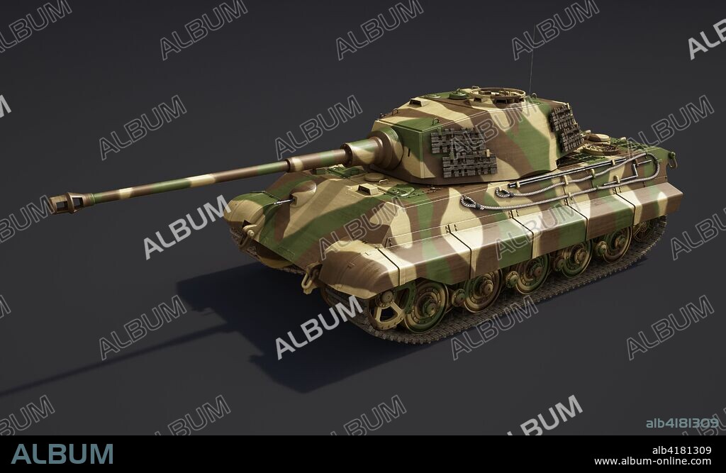 Tiger II. Illustration of a German tank manufactured during the Second World War between 1944 and 45, painted with the camouflage displayed at the Battle of the Bulge and in some units destined for Normandy.