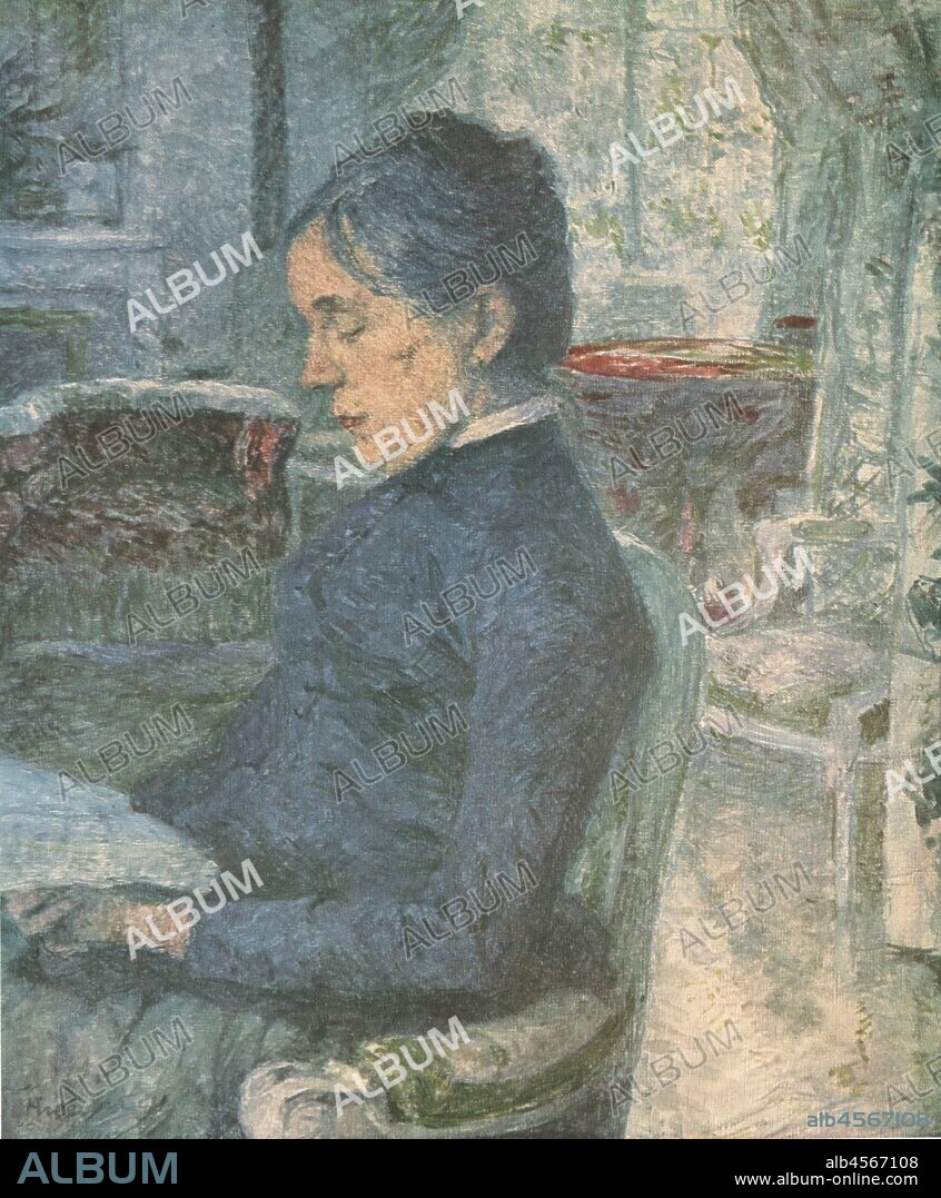 HENRI DE TOULOUSE LAUTREC. 'Portrait of the Artist's Mother Reading', 1881, (1952). Comtesse Adéle de Toulouse-Lautrec (1841-1930) in the salon at the Château Malromé, painted by her son Henri de Toulouse-Lautrec. Painting in the Musée Toulouse-Lautrec, Albi, France. From "Henri De Toulouse-Lautrec" by Douglas Cooper. [Thames and Hudson, London, 1952].