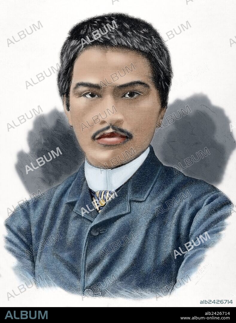 Juan Luna y Novicio (Badoc, Filipinas, 1857-Hong-Kong, 1899). Pintor hispano-filipino del siglo XIX. Obra, asociada al periodo de independencia filipina. Retrato. Grabado por Saderna. "La Ilustración Artística", 1884. Coloreado.