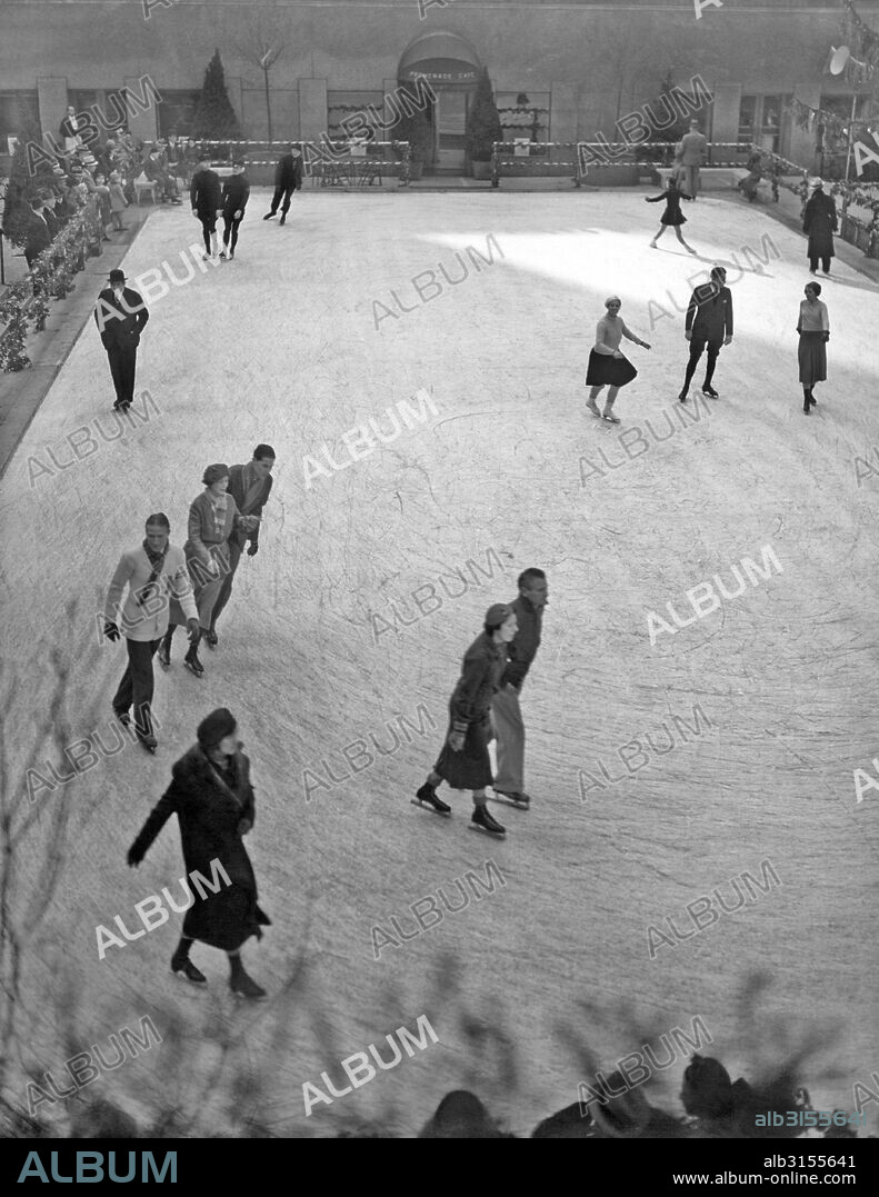 New York, New York:  c. 1936. People ice skating at the Rockefeller Center Plaza.