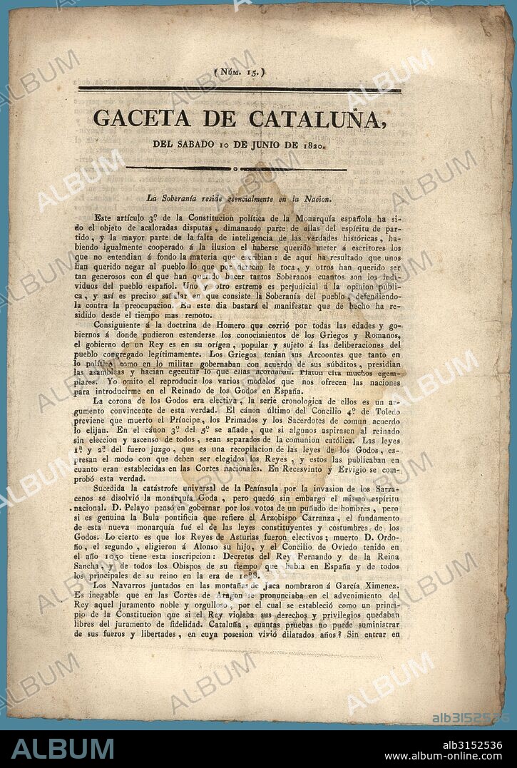 Portada de la Gaceta de Catalunya, editada en Barcelona, junio de 1820. Artículo sobre la soberanía nacional.