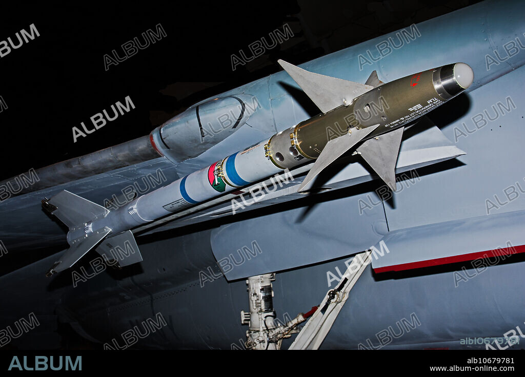 An AIM-9L Sidewinder, a supersonic, heat-seeking, air-to-air missile carried by fighter aircraft. Smithsonian National Air and Space Museum, Chantilly, Virginia.