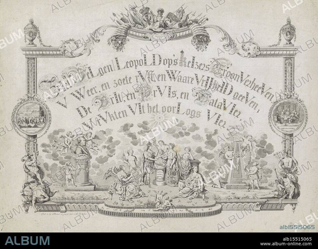 Coronel, Ab., Zürcher, Antoni, Northern Netherlands, See the Belgians! Leopold on the Emperor's Throne Exalted, Allegory of the coronation of Leopold II as emperor of the Holy Roman Empire, 1790, Allegory at the coronation of Leopold II as Holy Roman Emperor, 1790. Calligraphy with verse of the time, at the bottom allegorical figures and the personification of the Austrian Netherlands shaking hands with the new emperor. In borderwork with vases, trophies and allegorical vignettes., print, calligraphy, prints, Frederik Muller Historieplaten, height 453 mm, width 600 mm, 1755 - 1837-10-02, print maker, printmaker, 1790 - 1790, paper, papier, etching, etchings, engraving, engraving (printing process), intermediary draughtsman, after a drawing by, writer.