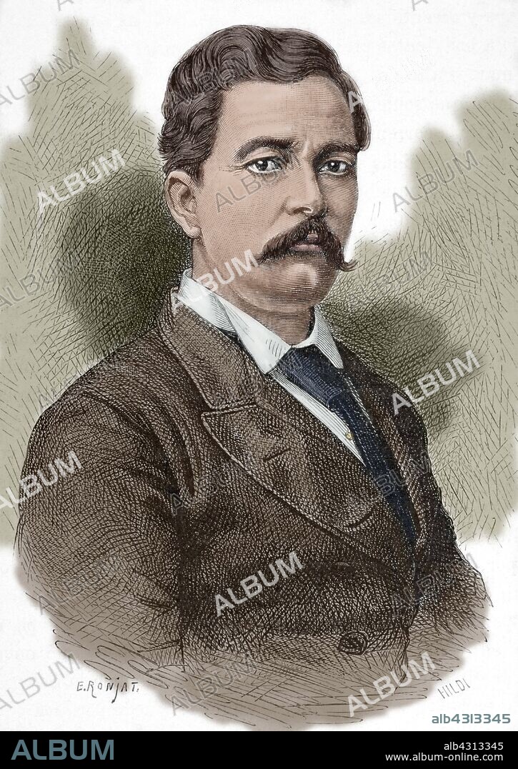 Henry Morton Stanley (1841-1904). Explorador y periodista británico nacionalizado estadounidense, famoso por sus expediciones al Africa Central. Retrato de Stanley antes de su partida para Africa (de una fotografía tomada en Inglatera en 1874). Dibujo de Etienne Ronjat (1822-?). Grabado. Africa Inexplorada, El Continente Misterioso, por Henry Morton Stanley, h. 1887. Coloreado.