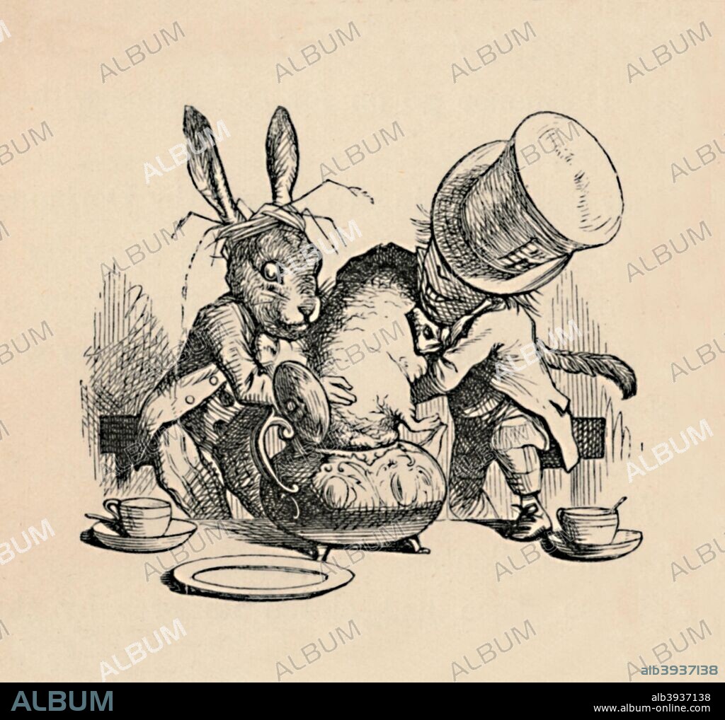 'The Mad Hatter and March hare trying to put the Dormouse into a teapot', 1889. Lewis Carroll's (1832-1898) 'Alice in Wonderland' as illustrated by John Tenniel (1820-1914). From Alice's Adventures in Wonderland by Lewis Carroll. [Macmillan & Co., New York, 1889].