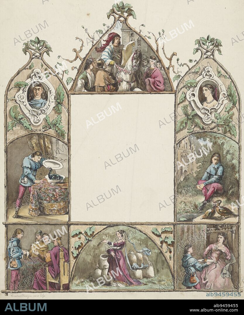 Greeting letter with figures from the fairy tale The White Snake, Constantius Wilhelmus Johannes Baesjou, 1851 - 1914, Windows depict episodes from the Grimm Brothers' fairy tale The White Snake. Top left and right are the servant and the princess. The servant discovers the white snake . He hears ducks talking about the missing ring. He asks the king for money and a horse. The princess scatters sacks of millet empty over a field. The servant offers the princess the apple from the tree of life., print maker: Constantius Wilhelmus Johannes Baesjou, (mentioned on object), The Hague, 1851 - 1914, paper, h 415 mm × w 340 mm.