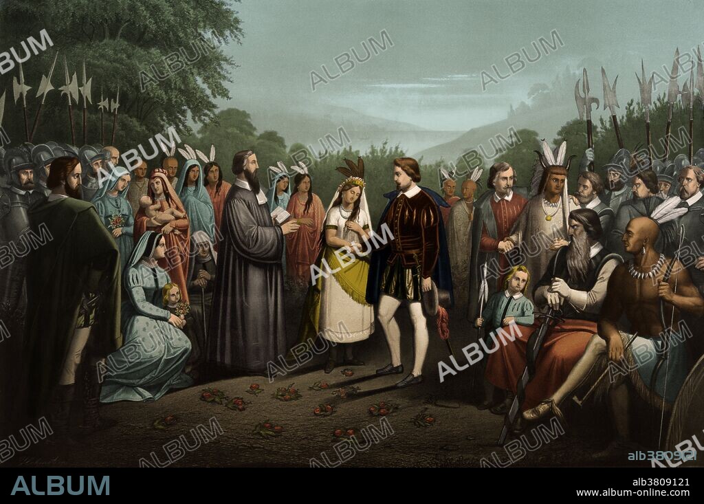 Illustration showing a large gathering of Native Americans and English colonists for the wedding ceremony between Pocahontas and John Rolfe. Pocahontas (1595-1617) was an Algonquian Indian remembered for her association with the colonial settlement at Jamestown, Virginia. She was the daughter of Chief Powhatan, the head of a network of tributary tribal nations in the Tidewater region of Virginia. She is said to have saved the life of an Indian captive, Englishman John Smith, in 1607 by placing her head upon his own when her father raised his war club to execute him. Pocahontas was captured by the English during Anglo-Indian hostilities in 1613, and held for ransom. During her captivity, she converted to Christianity and took the name Rebecca. She married tobacco planter John Rolfe on April 5, 1614.