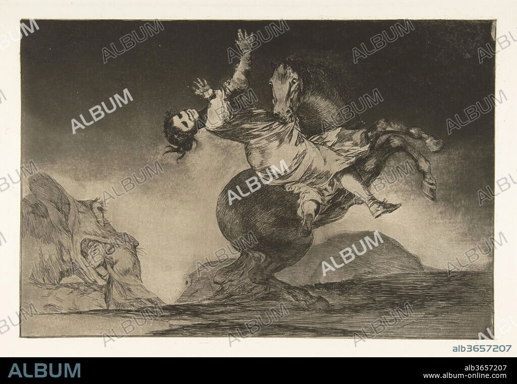 Plate 10 from the 'Disparates': The horse abductor. Artist: Goya (Francisco de Goya y Lucientes) (Spanish, Fuendetodos 1746-1828 Bordeaux). Dimensions: Plate: 9 5/8 × 13 3/4 in. (24.5 × 35 cm)
Sheet: 13 1/16 × 17 9/16 in. (33.1 × 44.6 cm). Series/Portfolio: Los Disparates (Los Proverbios). Date: ca. 1816-23 (published 1864).
From the posthumous first edition published by the Academia de San Fernando in Madrid in 1864 under the title 'Los Proverbios'.