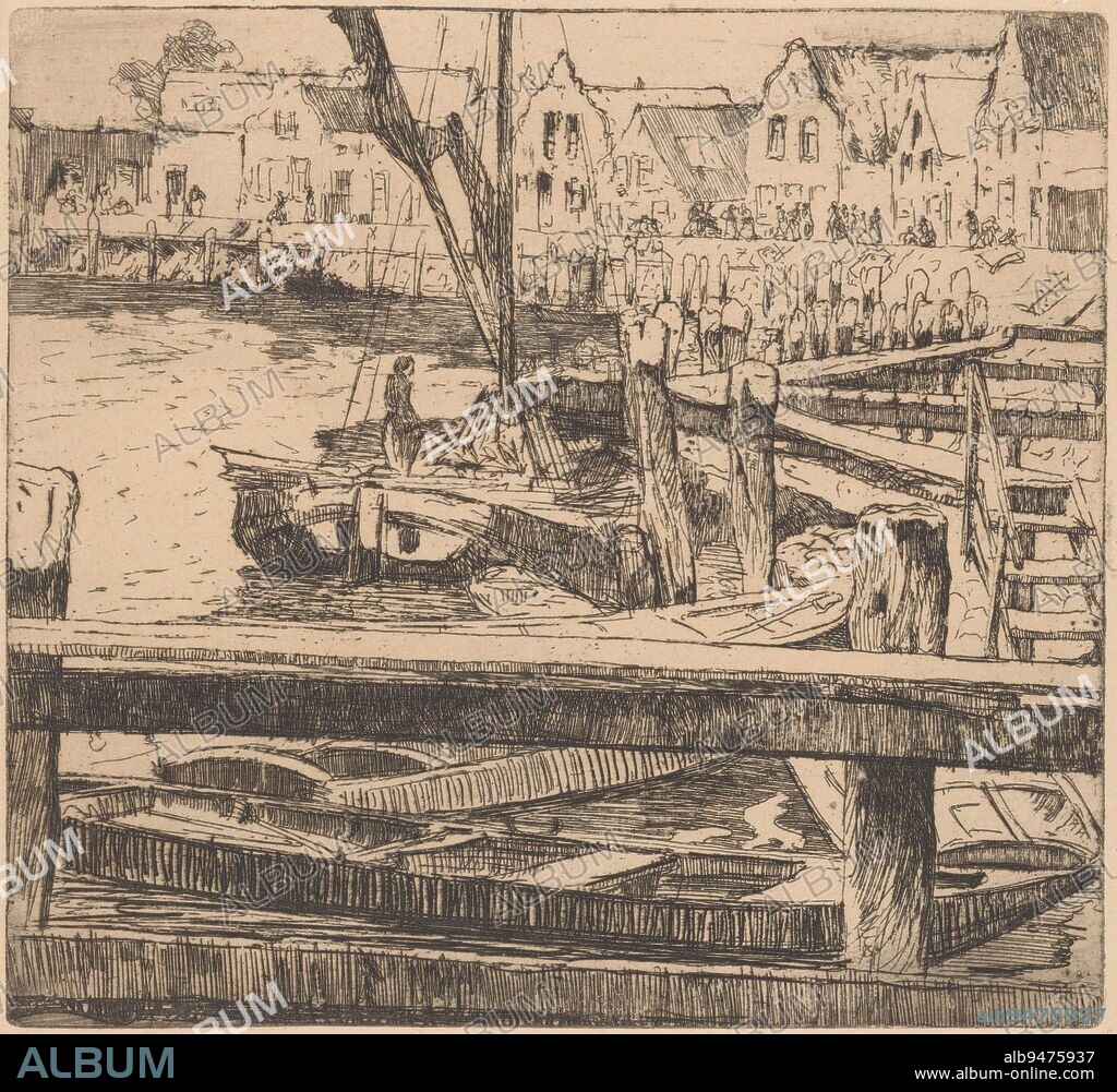 Port of Volendam, Willem Adrianus Grondhout, 1888 - 1931, Moored ships in the port of Volendam. In the background houses on a quay., print maker: Willem Adrianus Grondhout, 1888 - 1931, paper, etching, h 180 mm × w 193 mm.