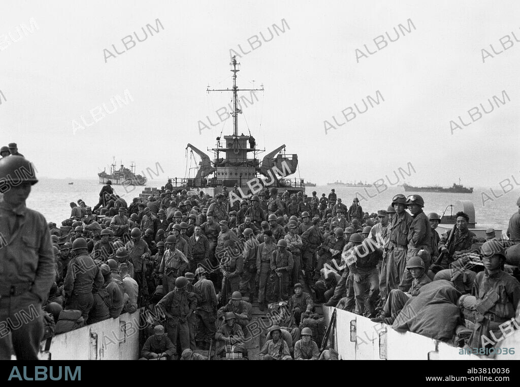 Caption: "Troops of the 31st Infantry Regiment land at Inchon Harbor, Korea, aboard LST's. September 18, 1950. Hunkins." The Battle of Inchon was an amphibious invasion and battle of the Korean War that resulted in a decisive victory and strategic reversal in favor of the United Nations. The operation involved some 75,000 troops and 261 naval vessels, and led to the recapture of the South Korea capital Seoul two weeks later. The code name for the operation was Operation Chromite. The battle began on September 15, 1950 and ended on September 19. The battle ended a string of victories by the invading North Korean People's Army (NKPA). The subsequent UN recapture of Seoul partially severed NKPA's supply lines in South Korea. The majority of United Nations ground forces involved were U.S. Marines, commanded by General of the Army Douglas MacArthur of the U.S. Army. MacArthur was the driving force behind the operation, overcoming the strong misgivings of more cautious generals to a risky assault over extremely unfavorable terrain. Photograph credited to U.S. Army.