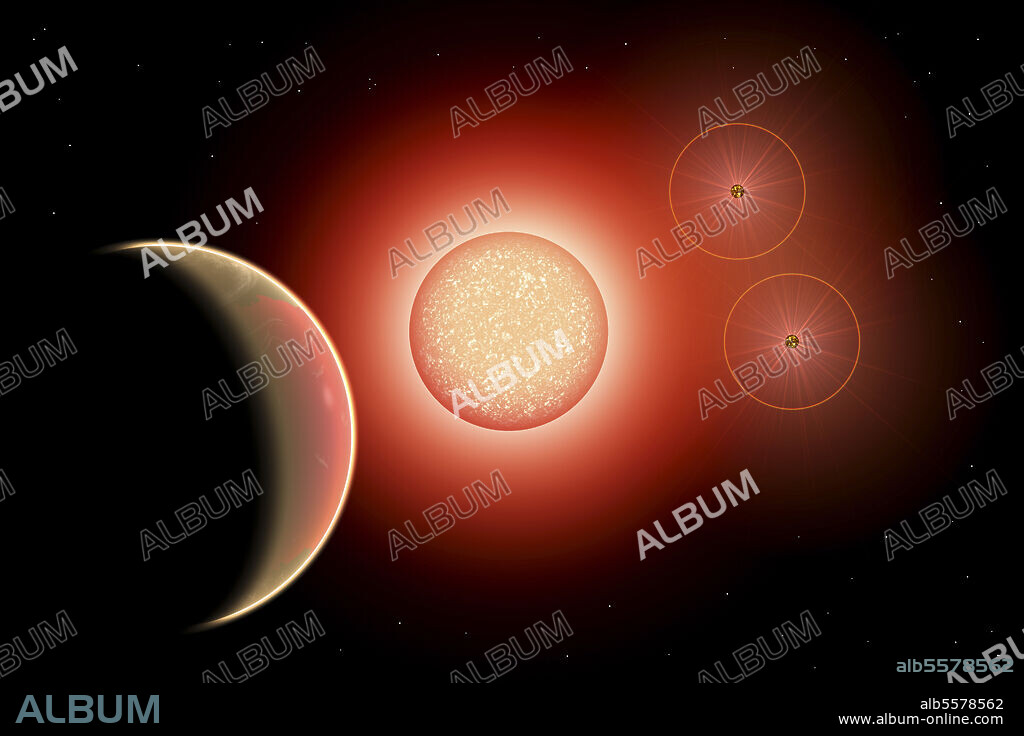 Artist's concept of HD 188753 triple star system, with the primary star having a planet orbiting it.