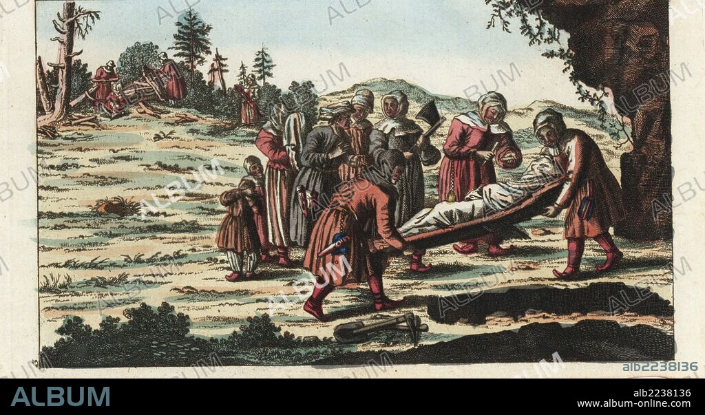 Funeral service of the Lapps. The corpse is buried in a grave in a large hewn coffin without a lid, along with flint and steel. Handcolored copperplate engraving from G. T. Wilhelm's "Encyclopedia of Natural History: Mankind," Augsburg, 1804. Gottlieb Tobias Wilhelm (1758-1811) was a Bavarian clergyman and naturalist known as the German Buffon.