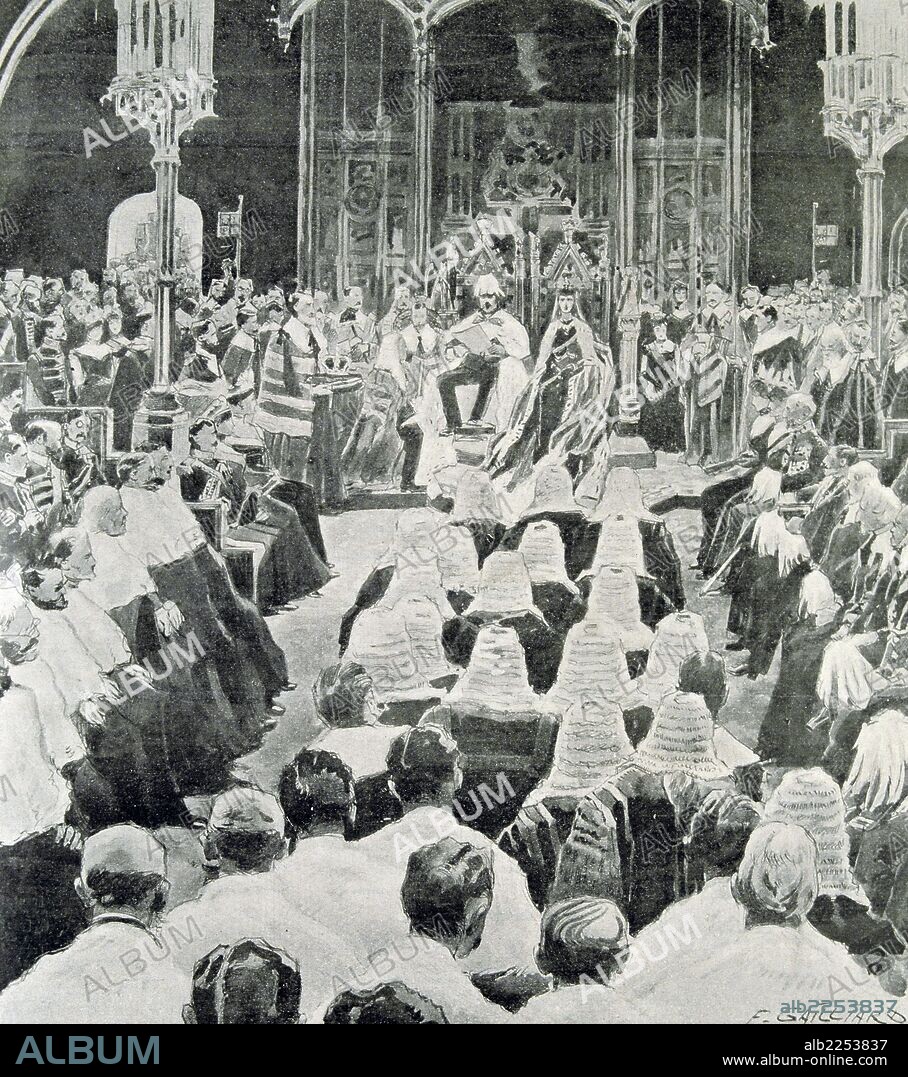EDUARDO VII. REY DE GRAN BRETAÑA. 1841 - 1910. " DISCURSO DEL TRONO EN LA APERTURA DEL PARLAMENTO INGLES , EL 16 - 01 - 1902 ". GRABADO DE L ' ILLUSTRATION.
