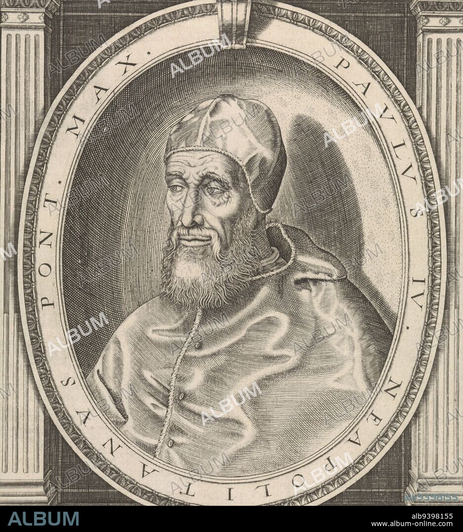 Portrait of Pope Paul IV dressed in the papal robe, head adorned with a camauro Bust to left in oval frame with edge lettering Above a line of text in Latin and at center top his papal coat of arms is depicted Below the portrait seven lines of text in Latin, Portrait of Pope Paul IV, print maker: Friedrich van Hulsen, (mentioned on object), Germany, 1590 - 1665, paper, engraving, h 304 mm × w 186 mm.