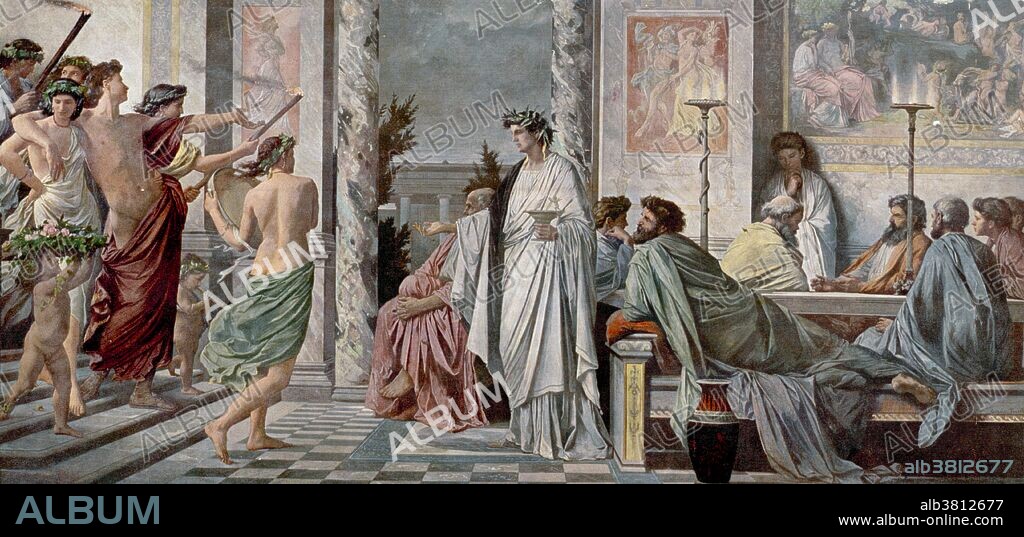 The Symposium of Plato by Anselm Feuerbach. Plato (424/423-348/347 BC) was a Classical Greek philosopher, mathematician, student of Socrates, writer of philosophical dialogues, and founder of the Academy in Athens, the first institution of higher learning in the Western world. Along with his mentor, Socrates, and his student, Aristotle, Plato helped to lay the foundations of Western philosophy and science. Plato's dialogues have been used to teach a range of subjects, including philosophy, logic, ethics, rhetoric, and mathematics. A variety of sources have given accounts of Plato's death, but most agree he probably died quietly in his sleep.