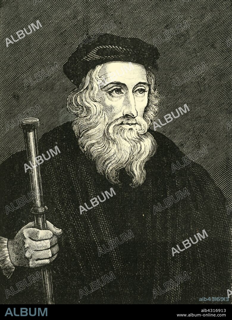 'John Wyclif', (1320s-1384), 1890. John Wycliffe (1320s-1384) English  philosopher, theologian, Biblical translator, reformer, priest, and  professor at Oxford University, considered an important predecessor to Protestantism.  From "Cassell's Illustrated Universal History, Vol. III - The Middle Ages", by Edmund Ollier. [Cassell and Company, Limited, London, Paris and Melbourne, 1890. ].