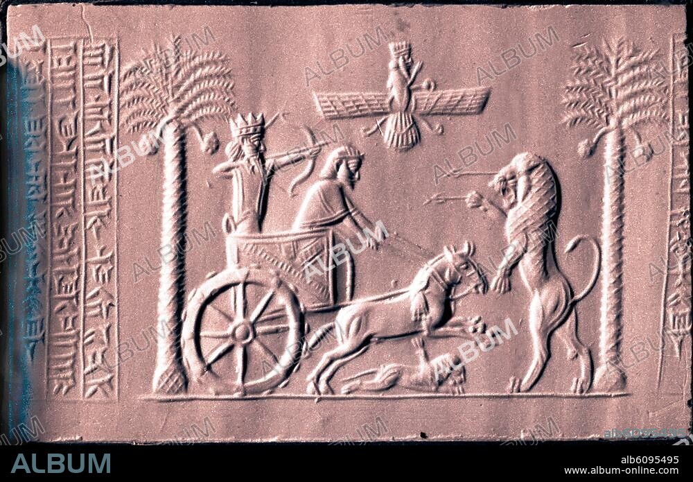 Impression of a cylinder seal depicting the Great King Darius in a chariot hunting lions. The winged disk of the god Ahura Mazda is above. The inscription at the side is in the three languages of the Persian Empire, Old Persian, Elamite and Babylonian. Date/Period: 521-485 BC. Culture: Achaemenian Place of Origin: Thebes.