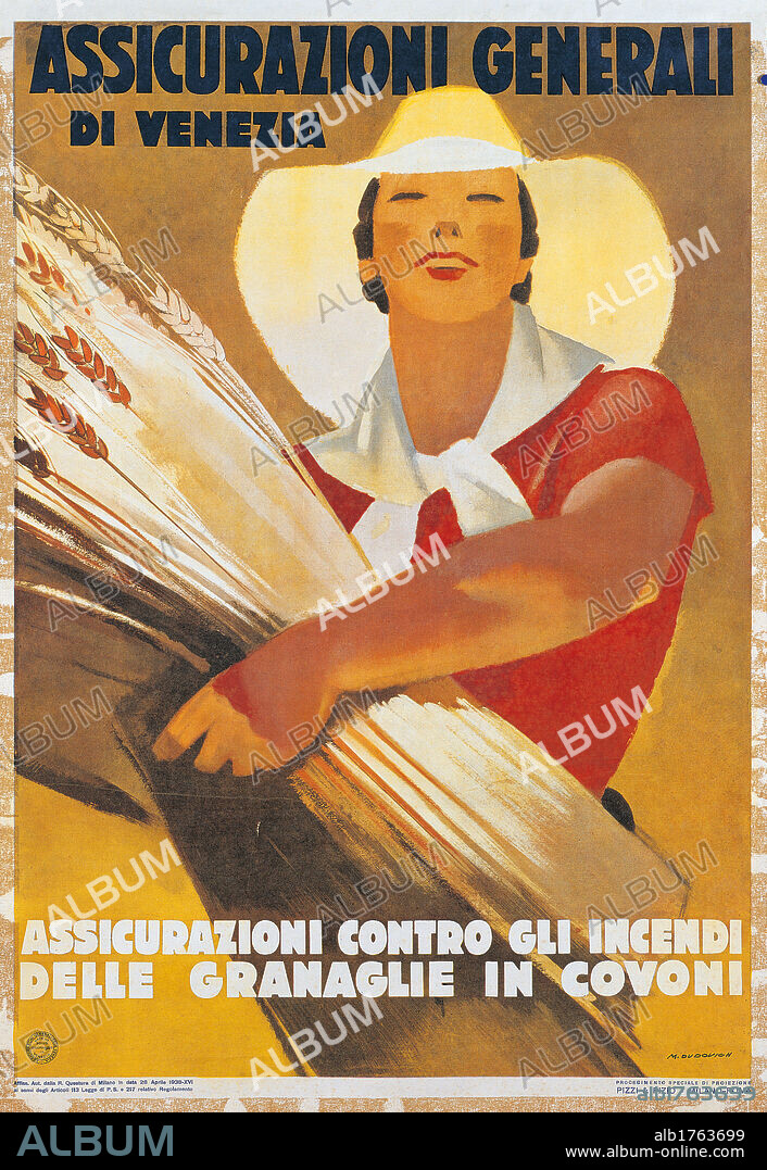 Assicurazioni Generali di Venezia (against sheaf wheat fires), by Marcello Dudovich, 20th Century, print,. private collection. Advertising poster yellow red hat farmer wheat insurance.  Please remember that author's rights have to be cleared for modern and contemporary works of arts.