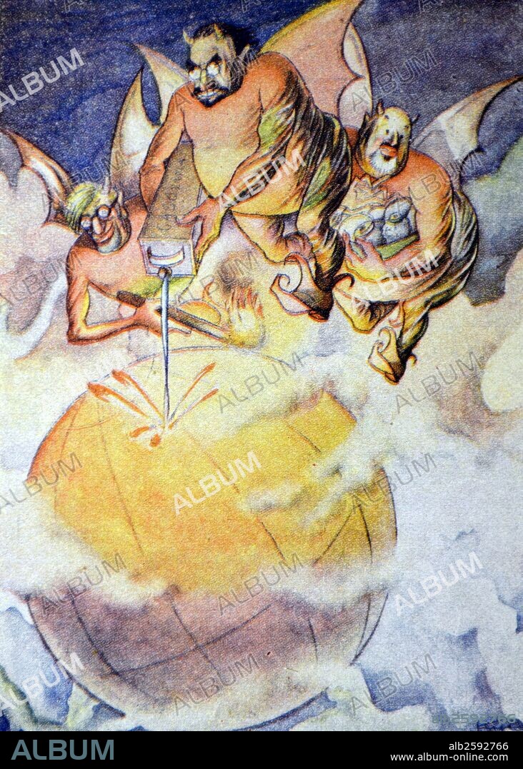 We are enemies of war and we only aspire to world peace. Spanish Civil war, anti-republican propaganda illustration by Carlos Sáenz de Tejada .