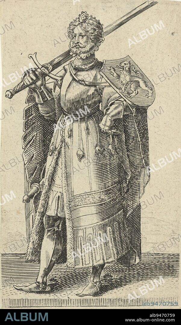 Portrait of Floris V, Count of Holland and Zeeland, standing to the left in armour with the coat of arms of Holland on his shoulder and holding a sword. Print from a series of 36 prints with full-length portraits of counts and countesses of Holland, Portrait of Floris V, Count of Holland and Zeeland Counts and Countesses of Holland , print maker: Adriaen Matham, Haarlem, 1620, paper, engraving, h 130 mm × w 80 mm.