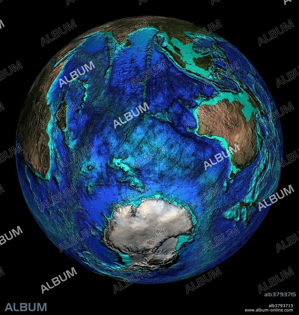 Topographical map of the Earth, centered on 45 degrees South, 90 degrees East. Visible are trenches and ridges of the Indian Ocean. The seas and oceans are color-coded by depth and land colors are based on MODIS true-color data from the Terra satellite in 2004 where darker regions represent highlands. Turquoise regions represent the continental shelf and descend to around 150 meters before dropping off abruptly at the shelf break. The descent of the continental slope to the ocean floor is shown as increasingly dark shades of blue.