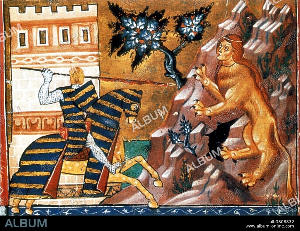 An episode from the story of Oedipus. He fights the sphinx, from a manuscript of circa 1286. Oedipus was a mythical Greek king of Thebes. A tragic hero in Greek mythology, Oedipus fulfilled a prophecy that said he would kill his father, and thereby bring disaster on his city and family. On his journey to Thebes, Oedipus encountered a Sphinx, who would stop all travelers to Thebes and ask them a riddle. If the travelers were unable to answer her correctly, they would be killed and eaten; if they were successful, they would be free to continue on their journey. The riddle was: "What walks on four feet in the morning, two in the afternoon and three at night?". Oedipus answered: "Man: as an infant, he crawls on all fours; as an adult, he walks on two legs and; in old age, he uses a 'walking' stick". Oedipus was the first to answer the riddle correctly and, having heard Oedipus' answer, the Sphinx was astounded and inexplicably killed herself by throwing herself into the sea, freeing Thebes from her harsh rule.