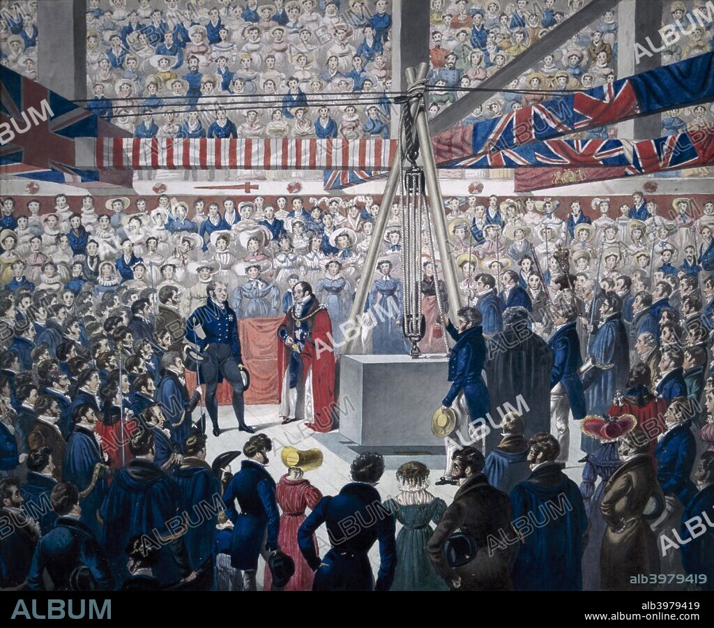 View of the laying of the foundation stone of new London Bridge on 15 June 1825 showing John Garratt, Lord Mayor 1824-25, holding the golden trowel and Frederick, Duke of York, facing him.