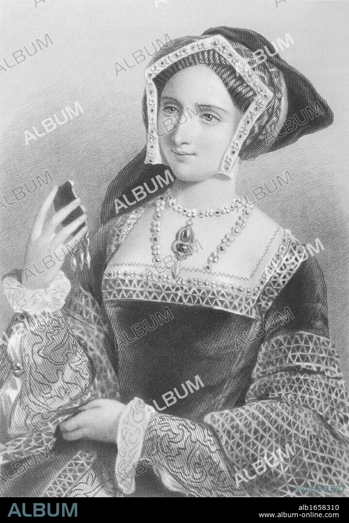 Jane Seymour, 1509-1537.Third wife of Henry VIII of England. Engraved by P.Evles after J.W.Wright.From the book "The Queens of England, Volume II" by Sydney Wilmot. Published London circa. 1890.