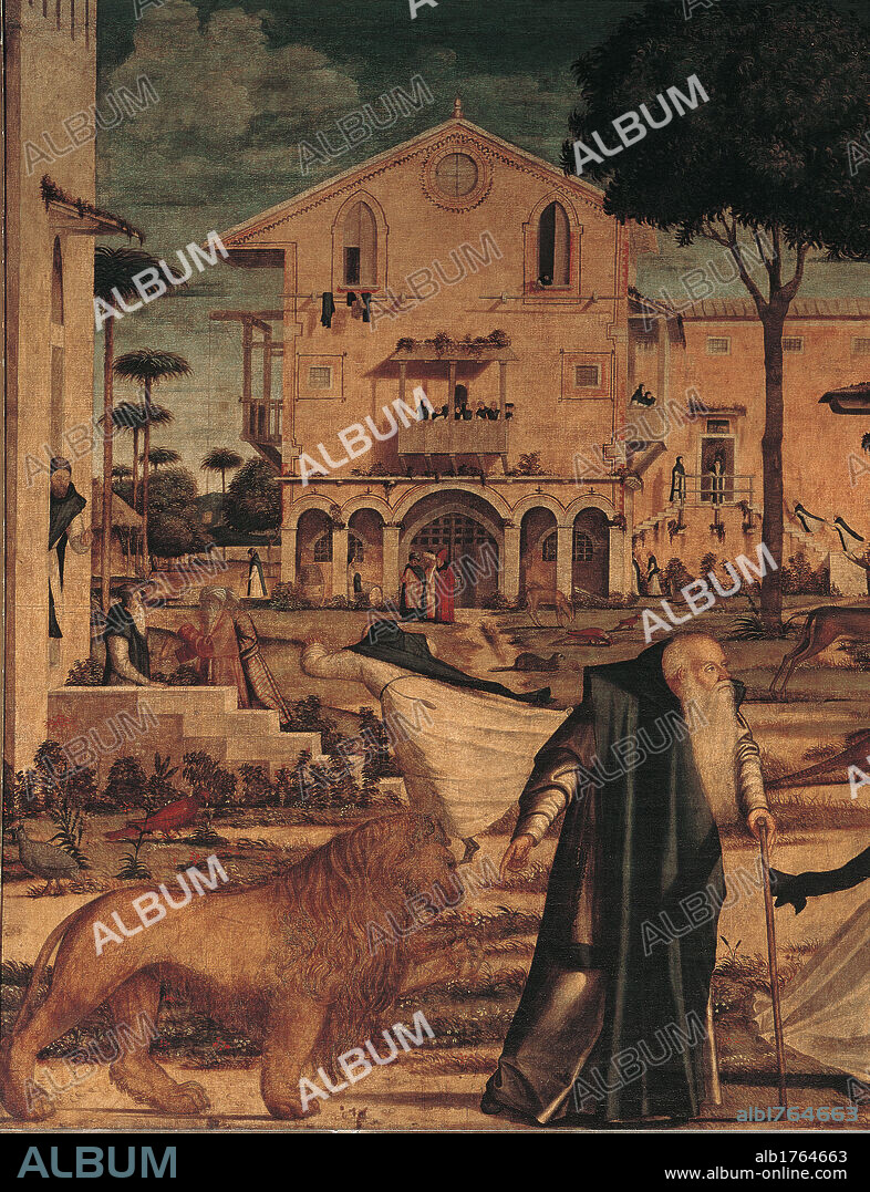 St Hieronymus Leads the Lion to the Monastery, by Vittore Carpaccio, 1502, 16th Century, oil on canvas, cm 141 x 211. Italy, Veneto, Venice, School of San Giorgio degli Schiavoni. Detail. St Jerome St Hieronymus tamed lion landscape stones rocks building monastery brown tones hues white black habit trees.