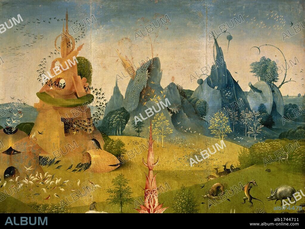 HIERONYMUS BOSCH. ARTE RENACIMIENTO. HOLANDA. BOSCH, Hieronymus Aeken Bosch o "EL BOSCO" (Bois-le-Duc,1450-Bois-le-Duc,1516). Pintor y grabador neerlandés, perteneciente a la "Escuela Flamenca". "EL JARDIN DE LAS DELICIAS O LA PINTURA DEL MADROÑO". Tríptico en tabla (2,20 x 1,95). Detalle de la hoja izquierda. Museo del Prado. Madrid. España.