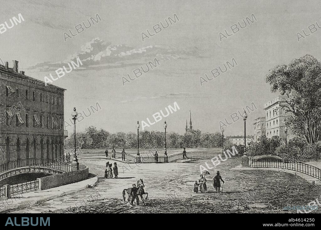 Rusia. San Petersburgo. Vista del Puente de Tres Arcadas y del Campo de Marte. Grabado por Lemaitre. Historia de Rusia por Chopin. Panorama Universal, edición española de 1839.