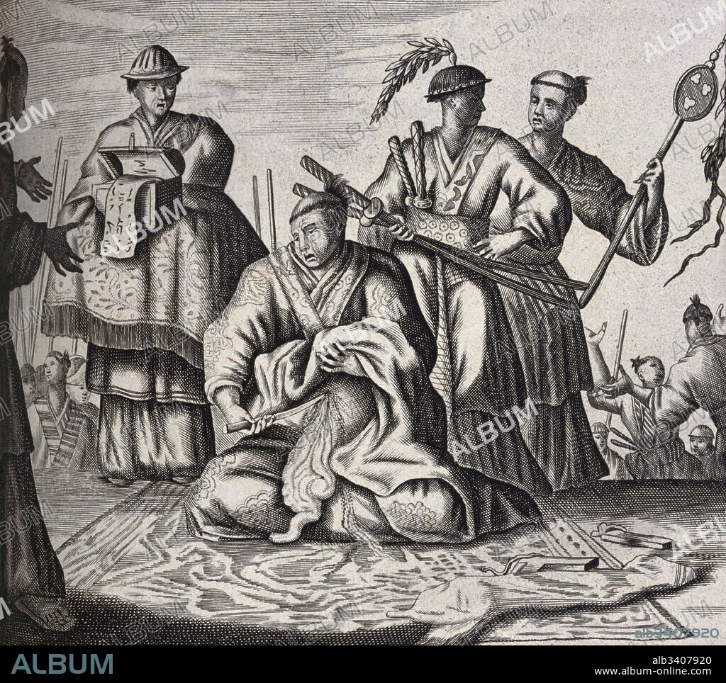 Japanese form of ritual suicide. From voyages made to Persia and India 1727, by Johan Albrecht de Mandelslo (1616–1644). seventeenth-century German adventurer, who wrote about his travels through Persia and India. Seppuku (cutting the abdomen, sometimes called harakiri) is a  Japanese form of ritual suicide by disembowelment. It was originally reserved for samurai..