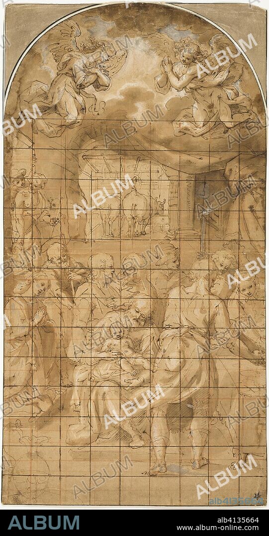 Adoration of the Christ Child. Filippo Bellini or circle of; Italian, c. 1550-1603. Date: 1580-1600. Dimensions: 670 x 353 mm (max.). Pen and brown ink with brush and brown wash, heightened with lead white (partly oxidized), over traces of red chalk, on lunette-shaped tan laid paper, squared in red chalk and pen and brown ink, laid down on ivory laid card. Origin: Italy.