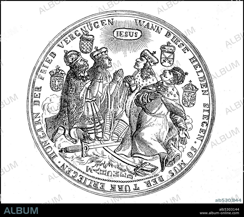 Medal for the liberation of Vienna, Austria, in 1683, after the Turkish War  /  Medaille auf die Befreiung von Wien, Österreich, im Jahre 1683, nach dem Türkenkrieg, Historisch, historical, digital improved reproduction of an original from the 19th century / digitale Reproduktion einer Originalvorlage aus dem 19. Jahrhundert,.