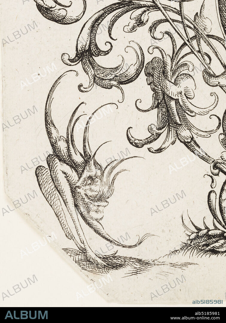 Plate 5, from Die Folge der phantastischen Schmucksträße (Suite of Fantastic Ornamental Bouquets), Wendel Dietterlin the Younger, German, active 16101614, Etching on laid paper, Two grotesque birds flank the vase from which the nosegay rises., Germany, 1614, ornament, Print, Print.